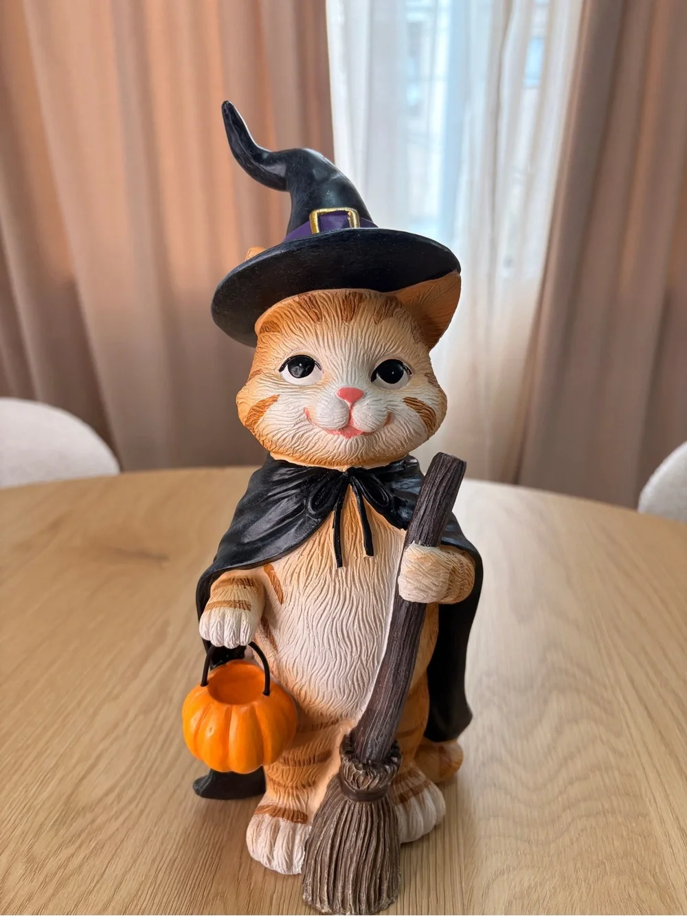 Vintage Halloween Witch Cat Figurine with pumpkin and broom
